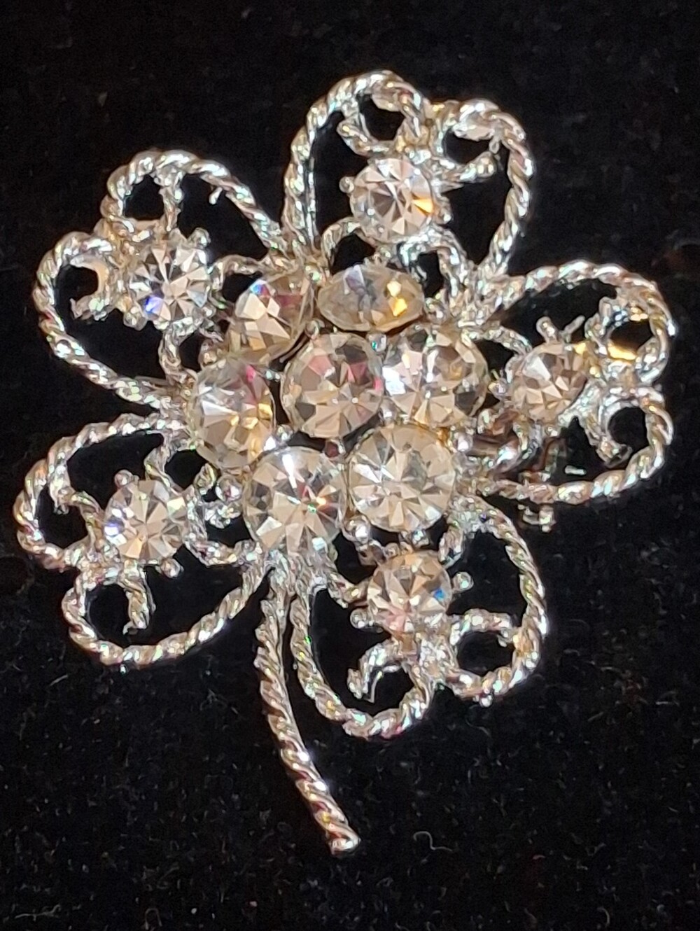 Silvertone Crystal Floral Brooch - Clear Rhinestone Accent